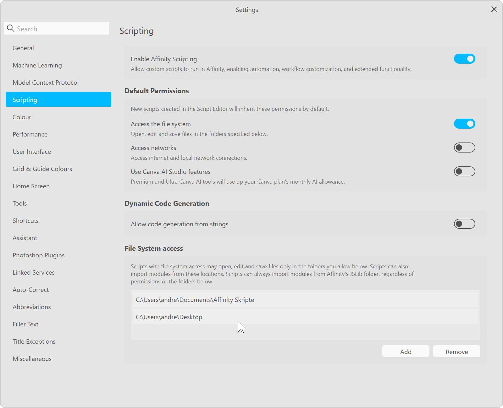 Settings, Scripting