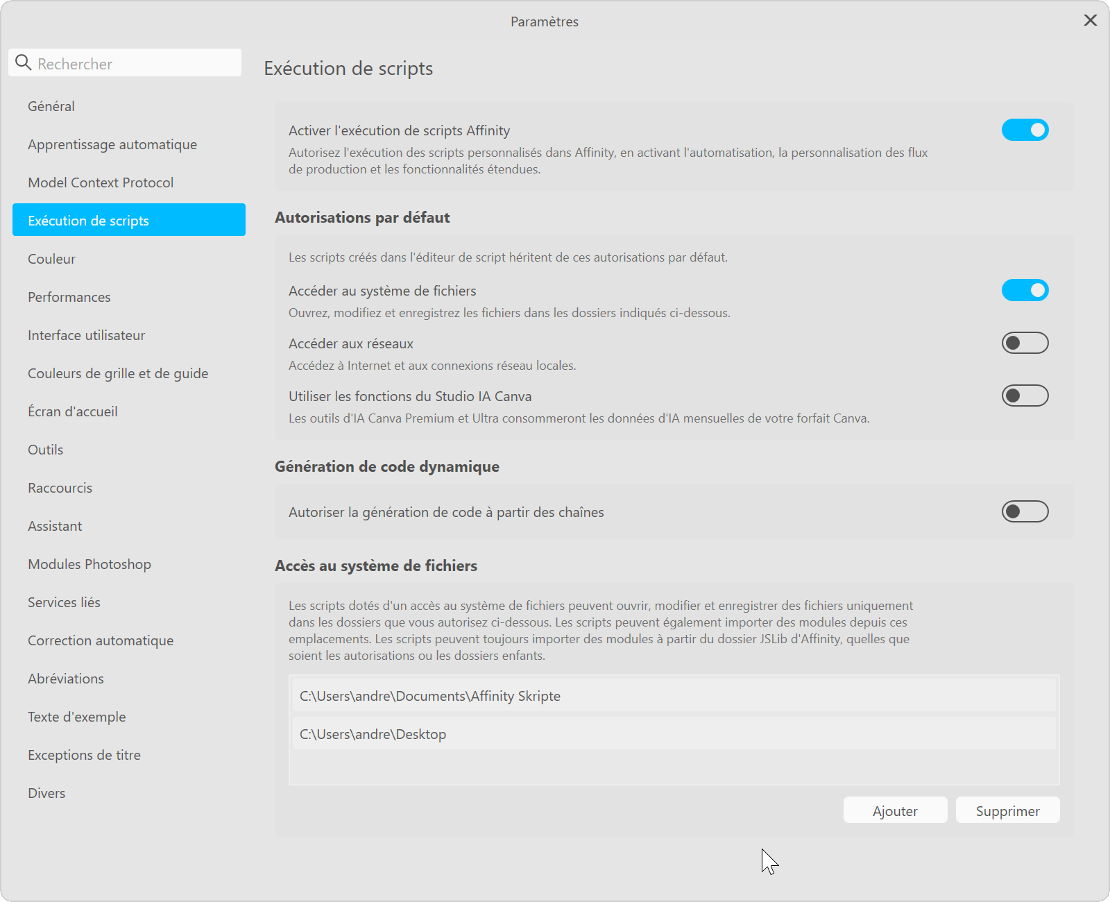 Paramètres, Exécution de scripts