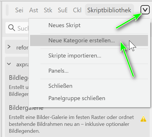 Panel-Menü der Skriptbibliothek