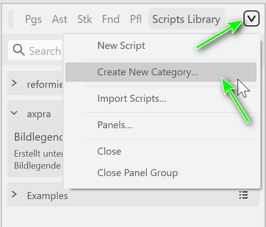Panel menu of the Scripts Library