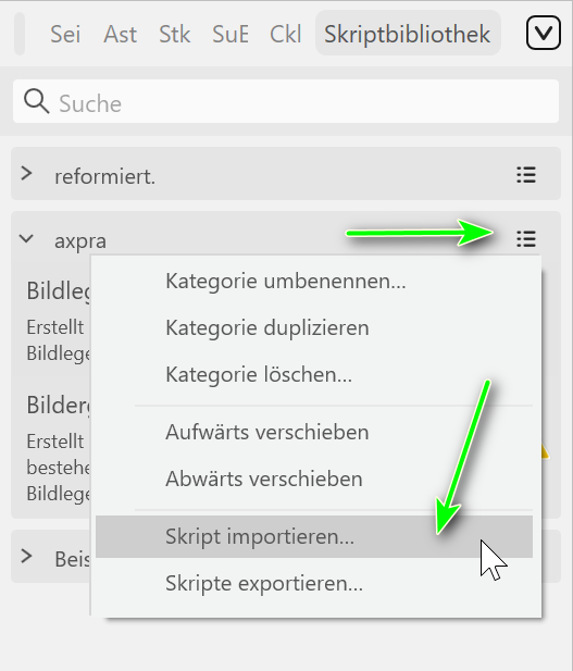 Menü einer Kategorie in der Skriptbibliothek