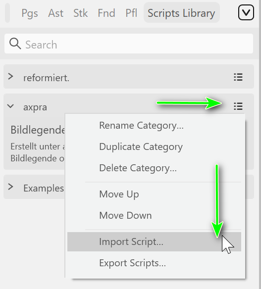 Menu of a category in the Scripts Library