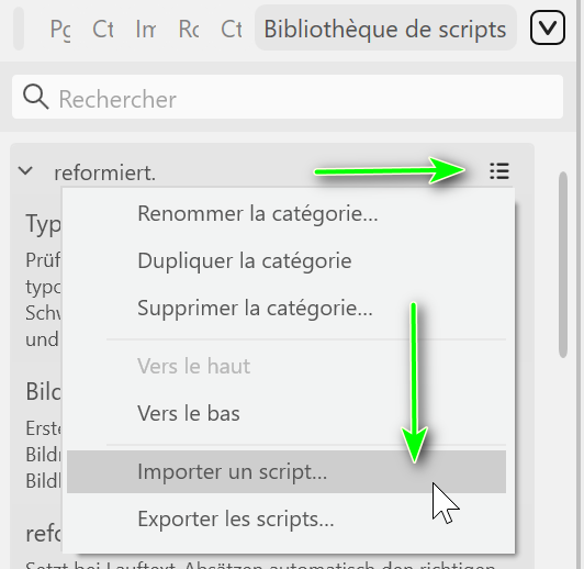 Menu d'une catégorie dans la Bibliothèque de scripts