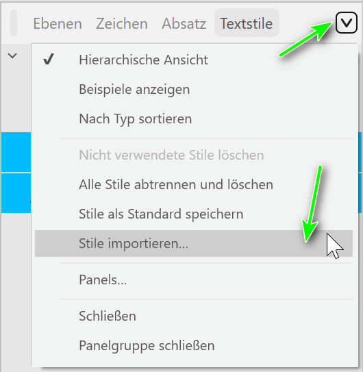 Menü des Panels Textstile
