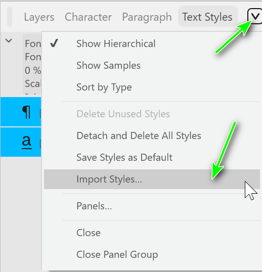 Menu of the Text Styles panel