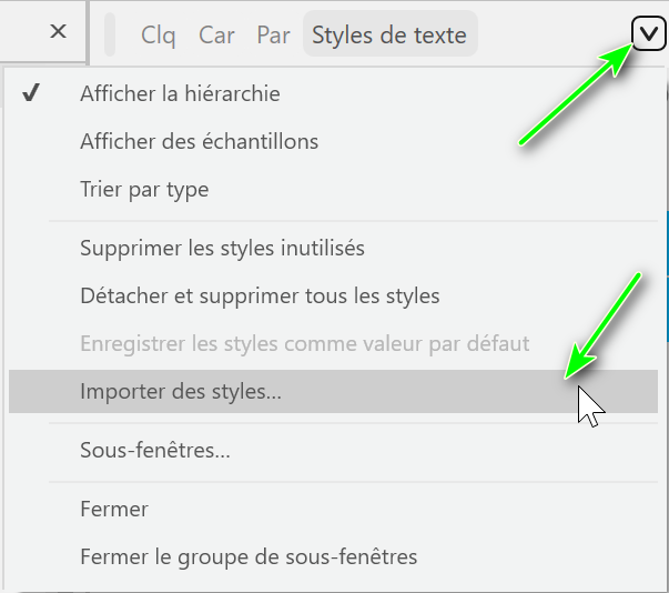 Menu du panneau Styles de texte