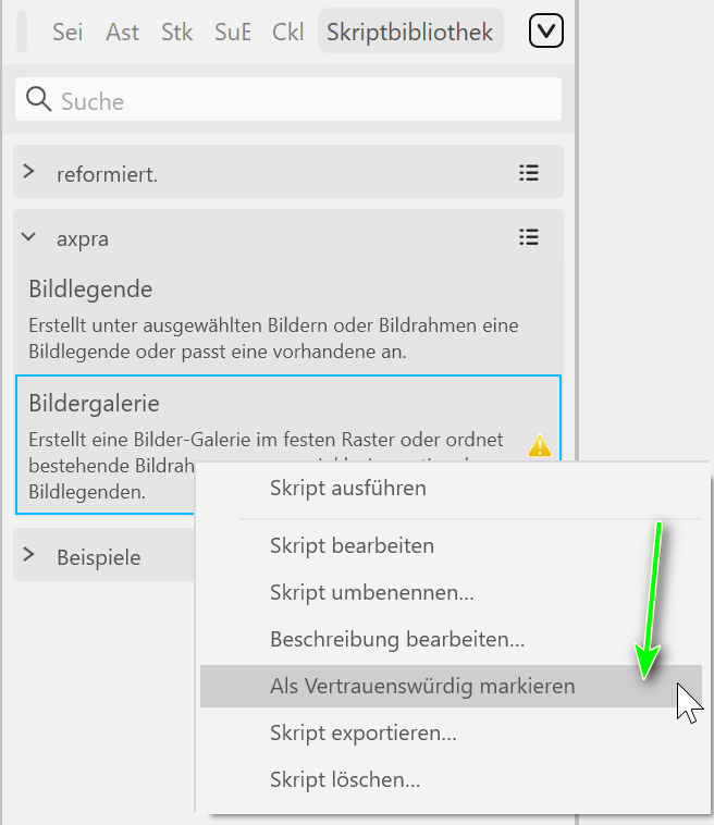 Rechtsklick-Menü eines Scripts