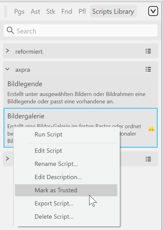 Right-click menu of a script