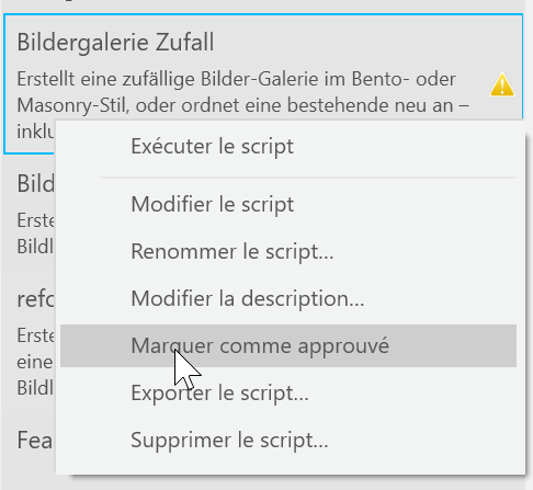 Menu contextuel d'un script
