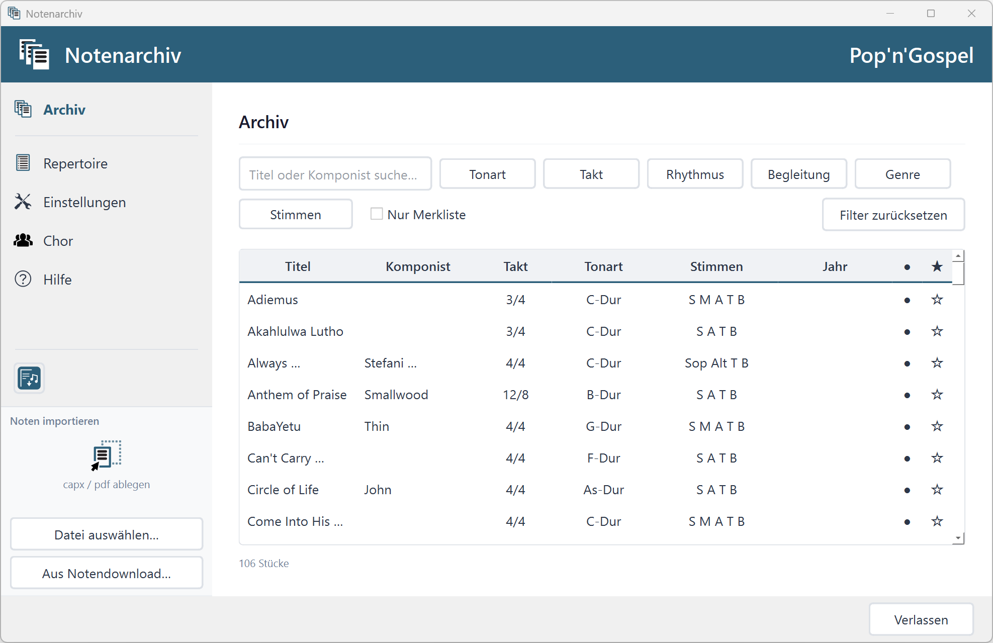 Notenarchiv – Archiv mit Suchfilter